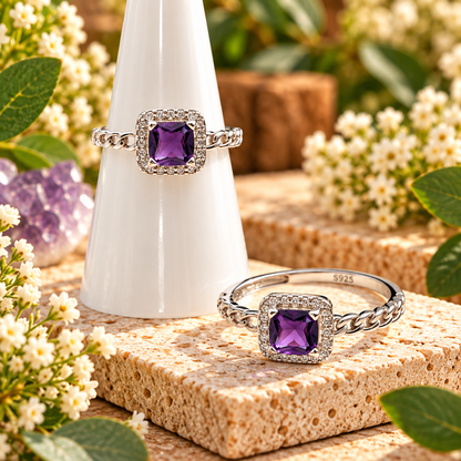 Amethyst sterling silver adjustable rings with square faceted purple gemstones and halo settings