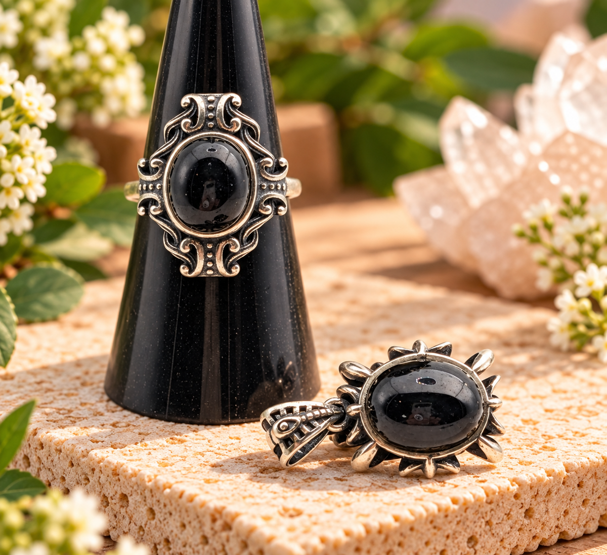 Obsidian sterling silver pendant and adjustable ring matching jewelry set