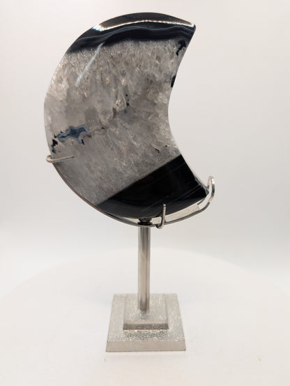 Black Lace Agate Druzy Crescent Moon on Stand