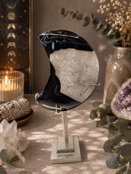 Black Lace Agate Druzy Crescent Moon on Stand