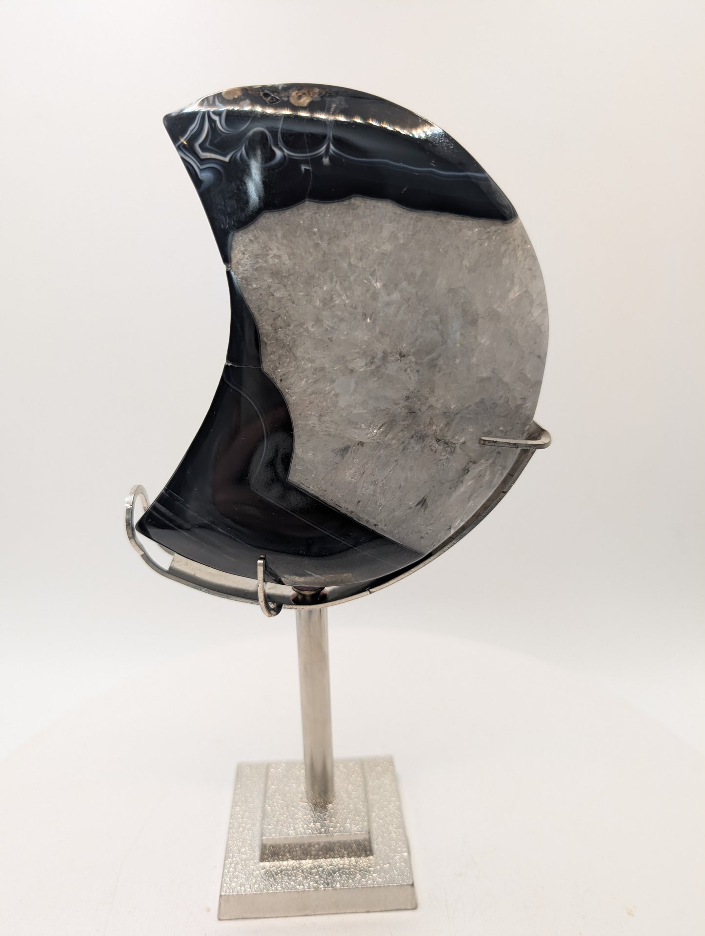 Black Lace Agate Druzy Crescent Moon on Stand