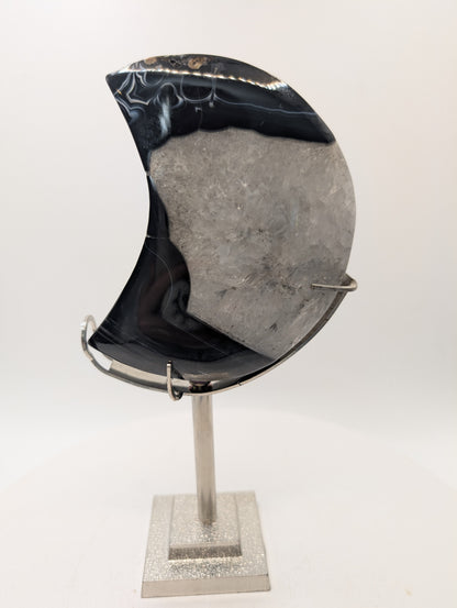 Black Lace Agate Druzy Crescent Moon on Stand