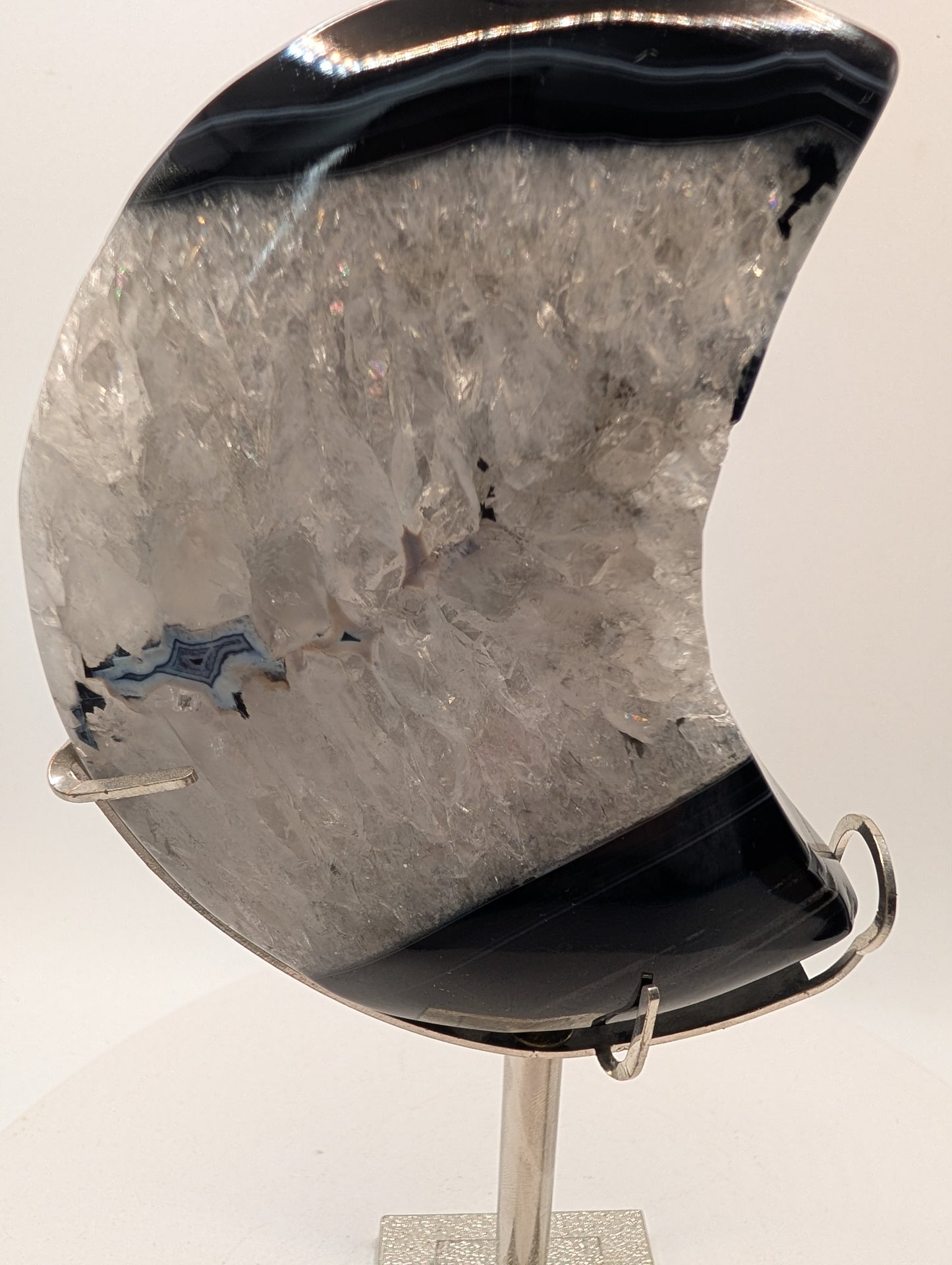 Black Lace Agate Druzy Crescent Moon on Stand