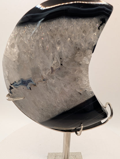 Black Lace Agate Druzy Crescent Moon on Stand