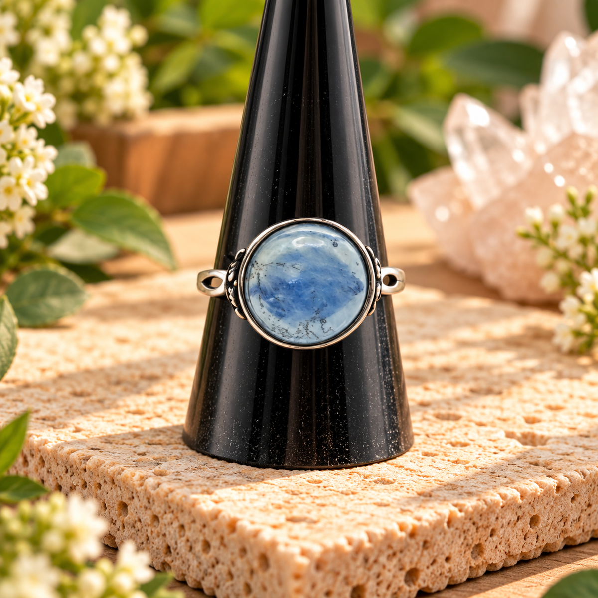 Round Aquamarine sterling silver adjustable ring with polished blue cabochon stone