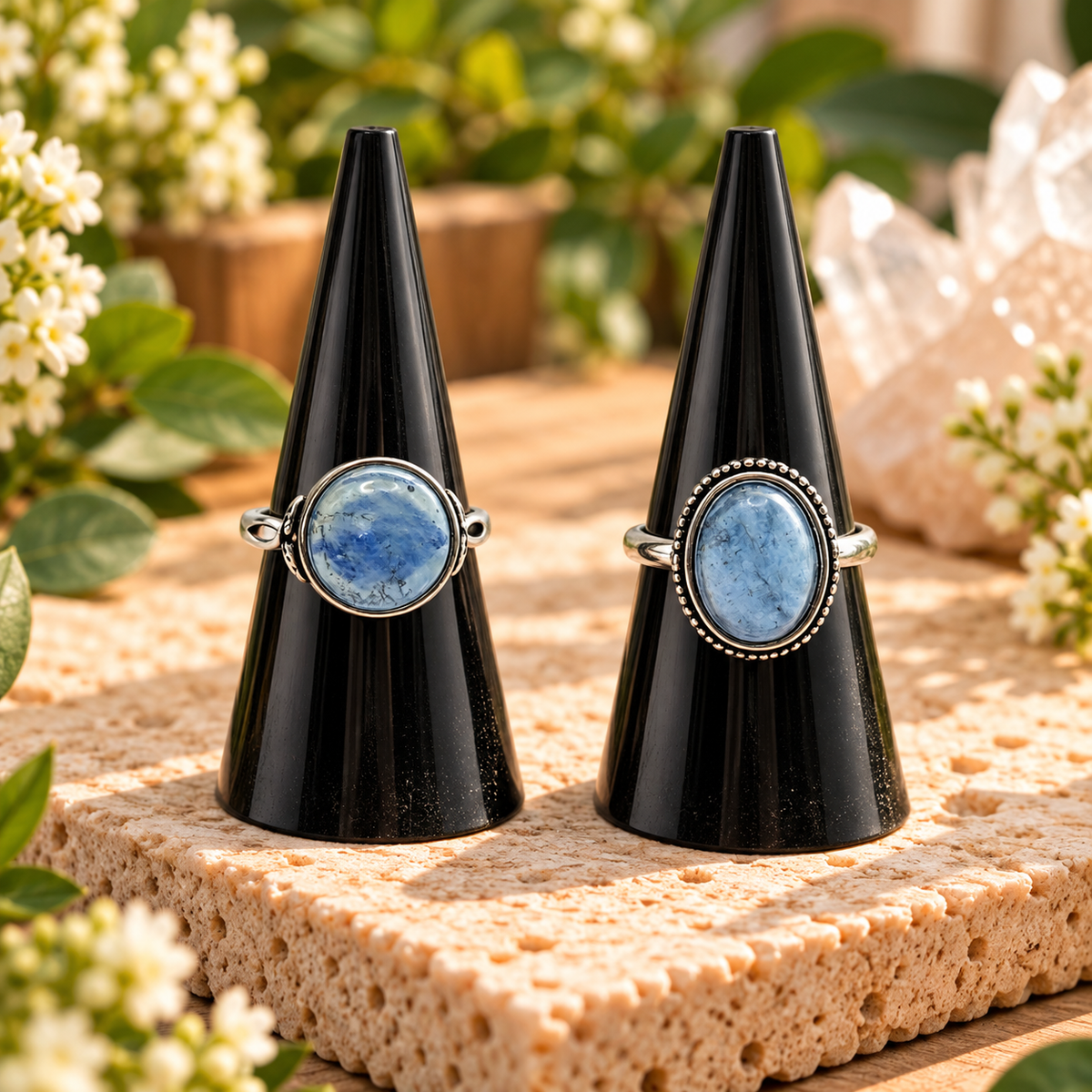 Round and oval Aquamarine sterling silver adjustable rings with polished blue cabochon stones