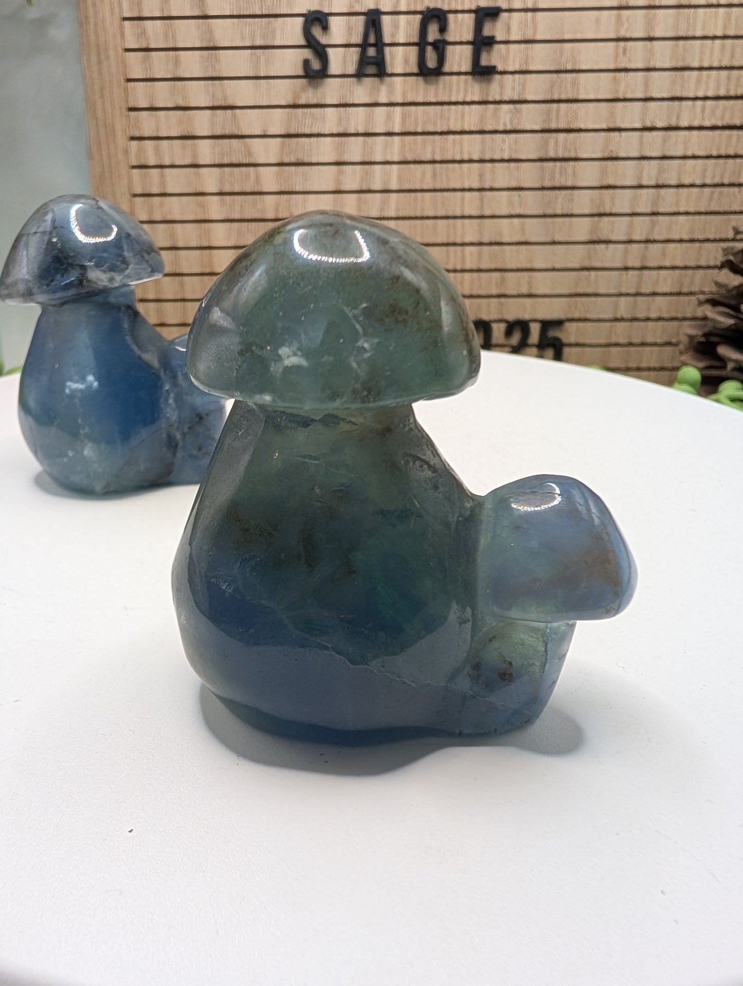 Blue-Green Fluorite Double Mushroom - Crystal Carving