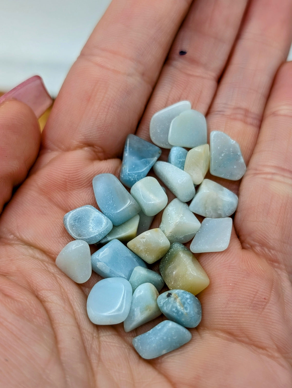 Caribbean Calcite chips in pale blue aqua cream and tan natural stone colors