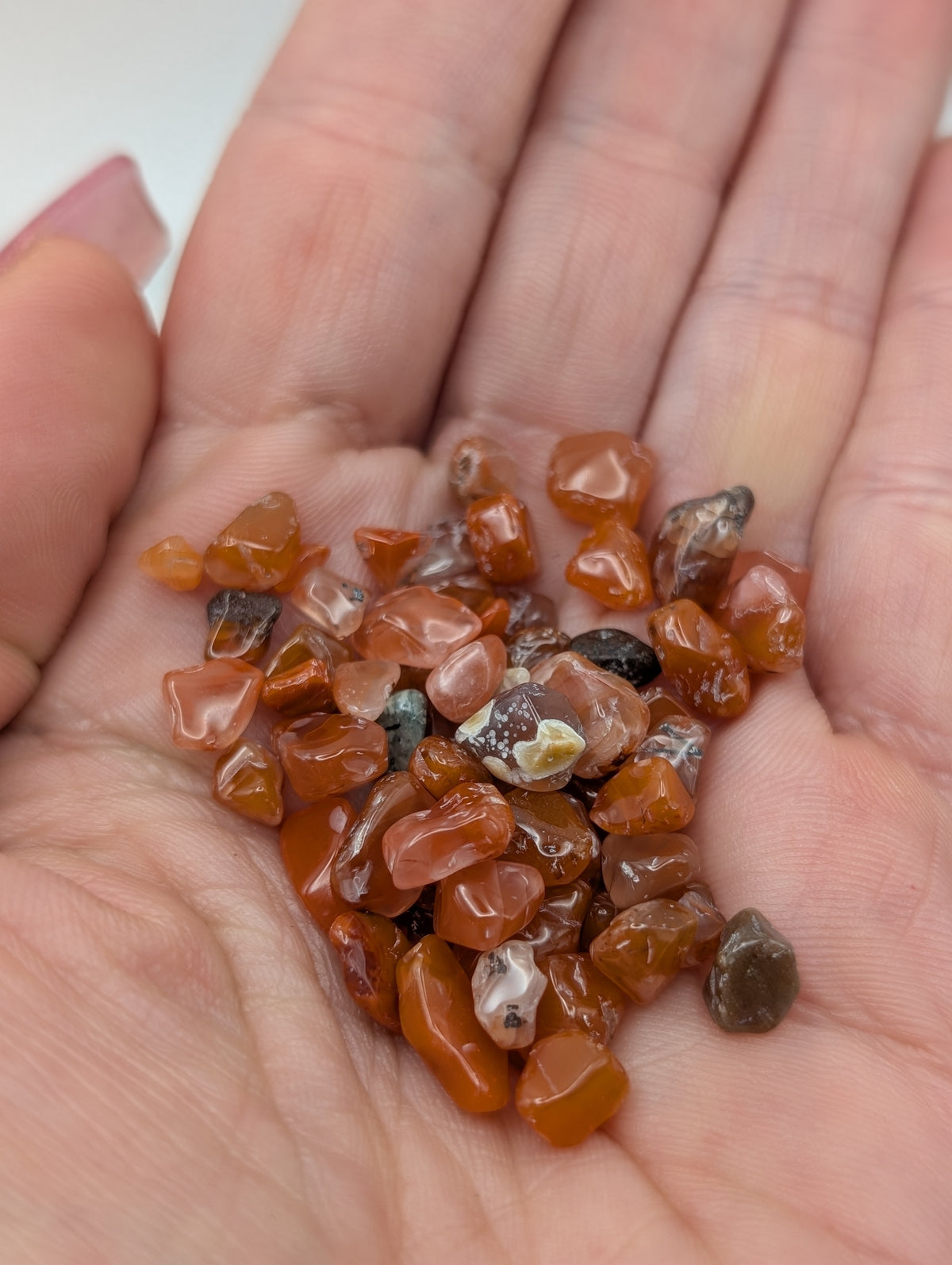 Carnelian crystal chips in polished orange amber red and cream natural stone colors