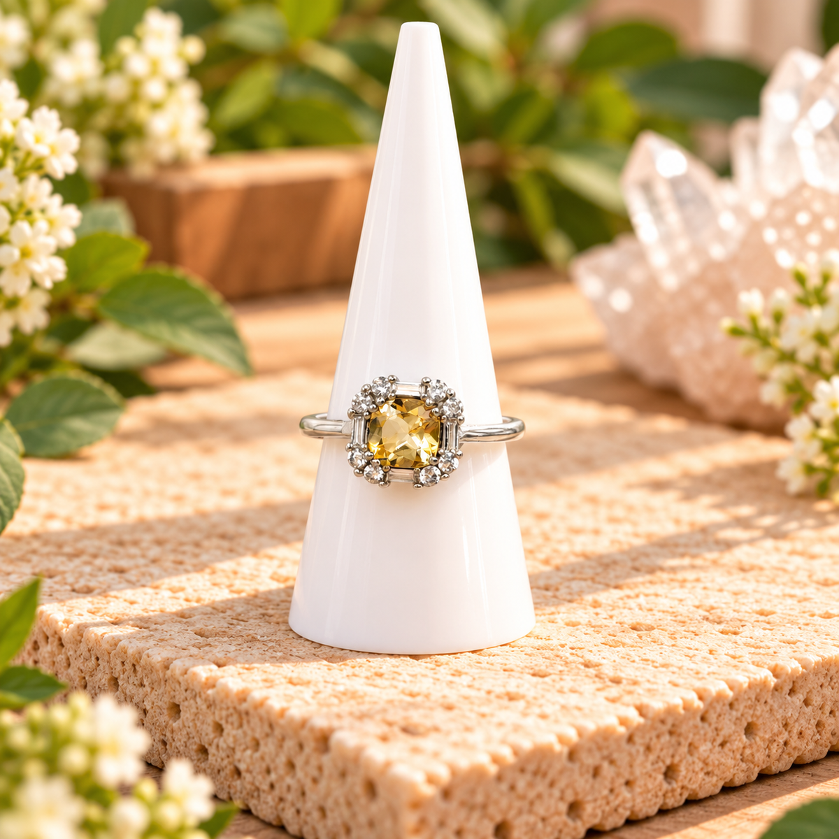 Citrine gemstone adjustable ring with silver-toned copper band