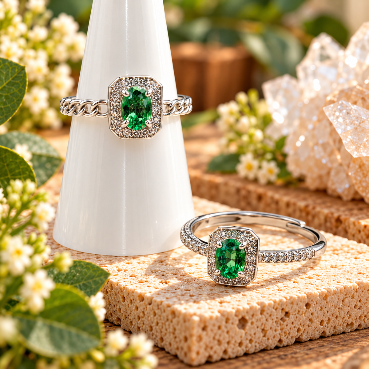 Two Dioptase sterling silver adjustable rings with faceted green stones in chain-link and pavé band styles