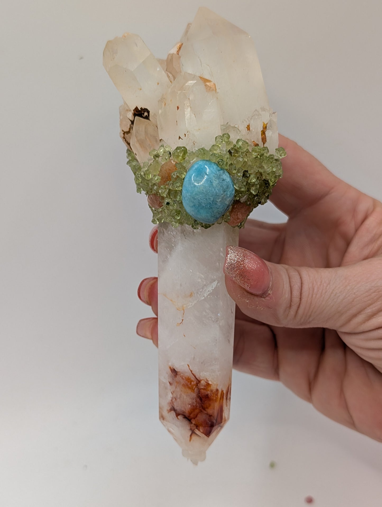 Fire Quartz Crystal Wand Topped with Clear Quartz Points & Adorned With Beautiful Tumbled Stones