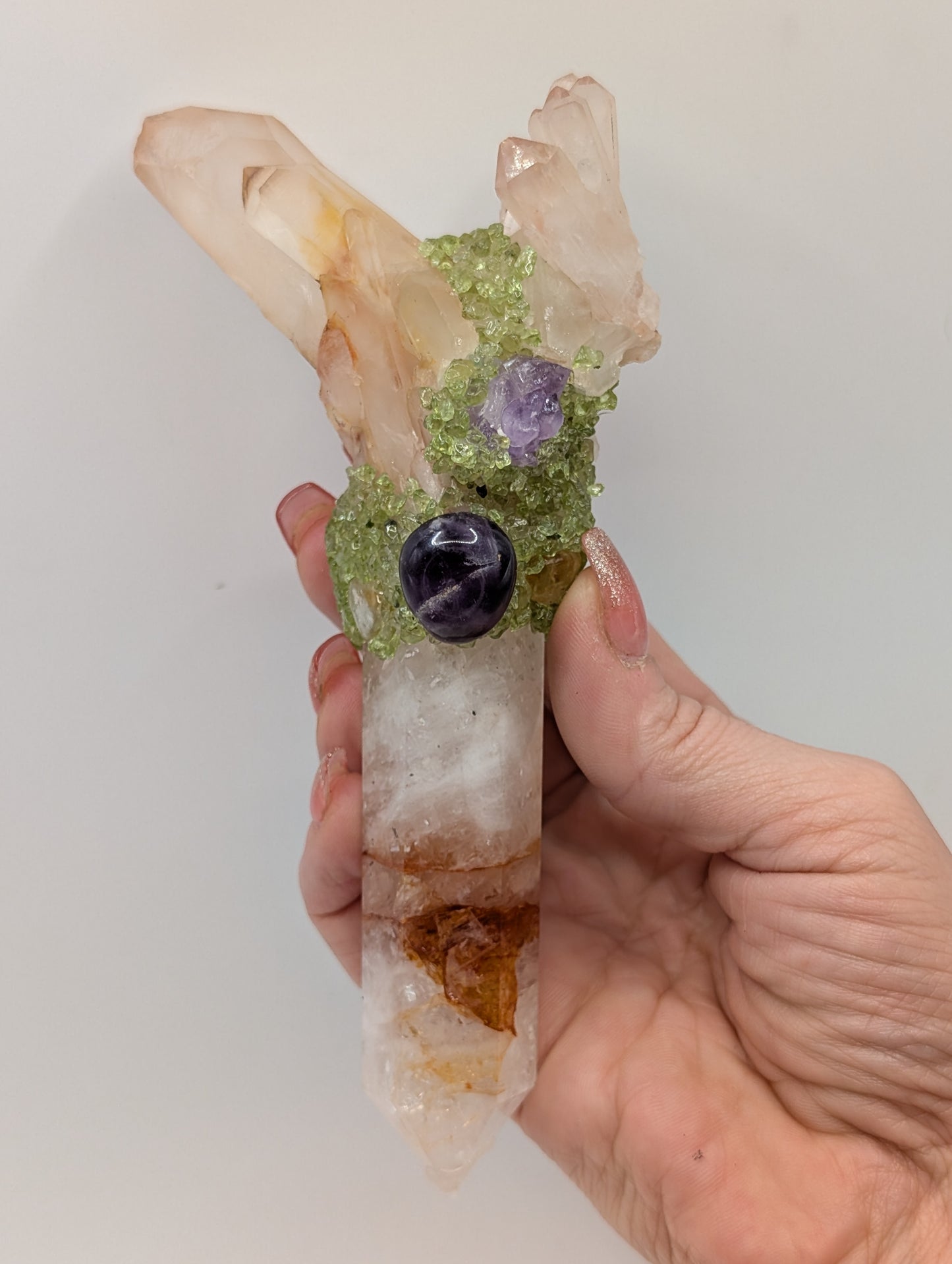 Fire Quartz Crystal Wand Topped with Clear Quartz Points & Adorned With Beautiful Tumbled Stones