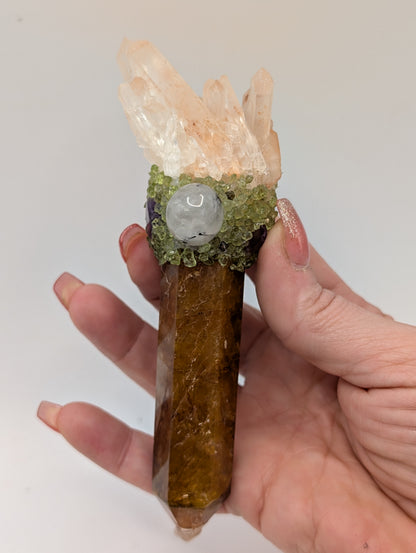 Fire Quartz Crystal Wand Topped with Clear Quartz Points & Adorned With Beautiful Tumbled Stones