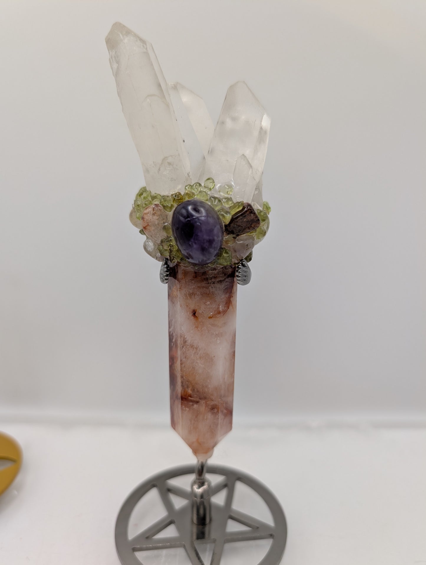 Fire Quartz Crystal Wand Topped with Clear Quartz Points & Adorned With Beautiful Tumbled Stones