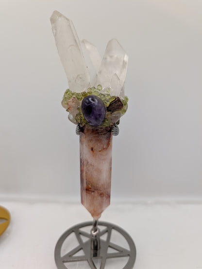 Fire Quartz Crystal Wand Topped with Clear Quartz Points & Adorned With Beautiful Tumbled Stones