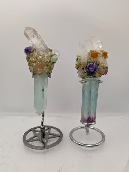Fluorite Wands With Quartz Clusters Adorned with Beautiful Tumbled Gem Stones