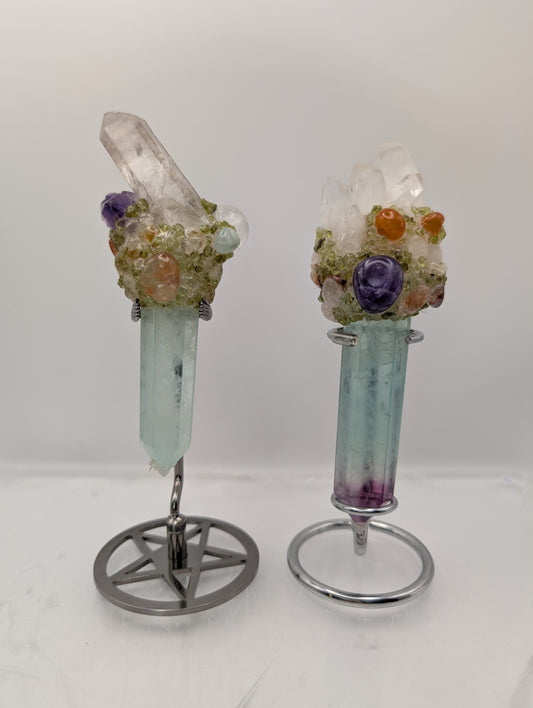 Fluorite Wands With Quartz Clusters Adorned with Beautiful Tumbled Gem Stones