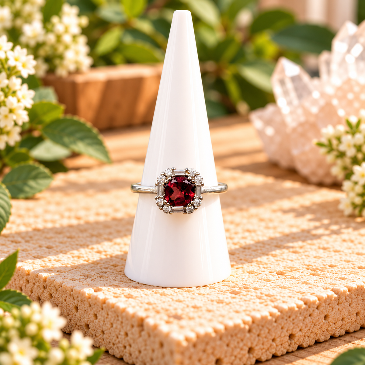 Garnet gemstone adjustable ring with silver-toned copper band