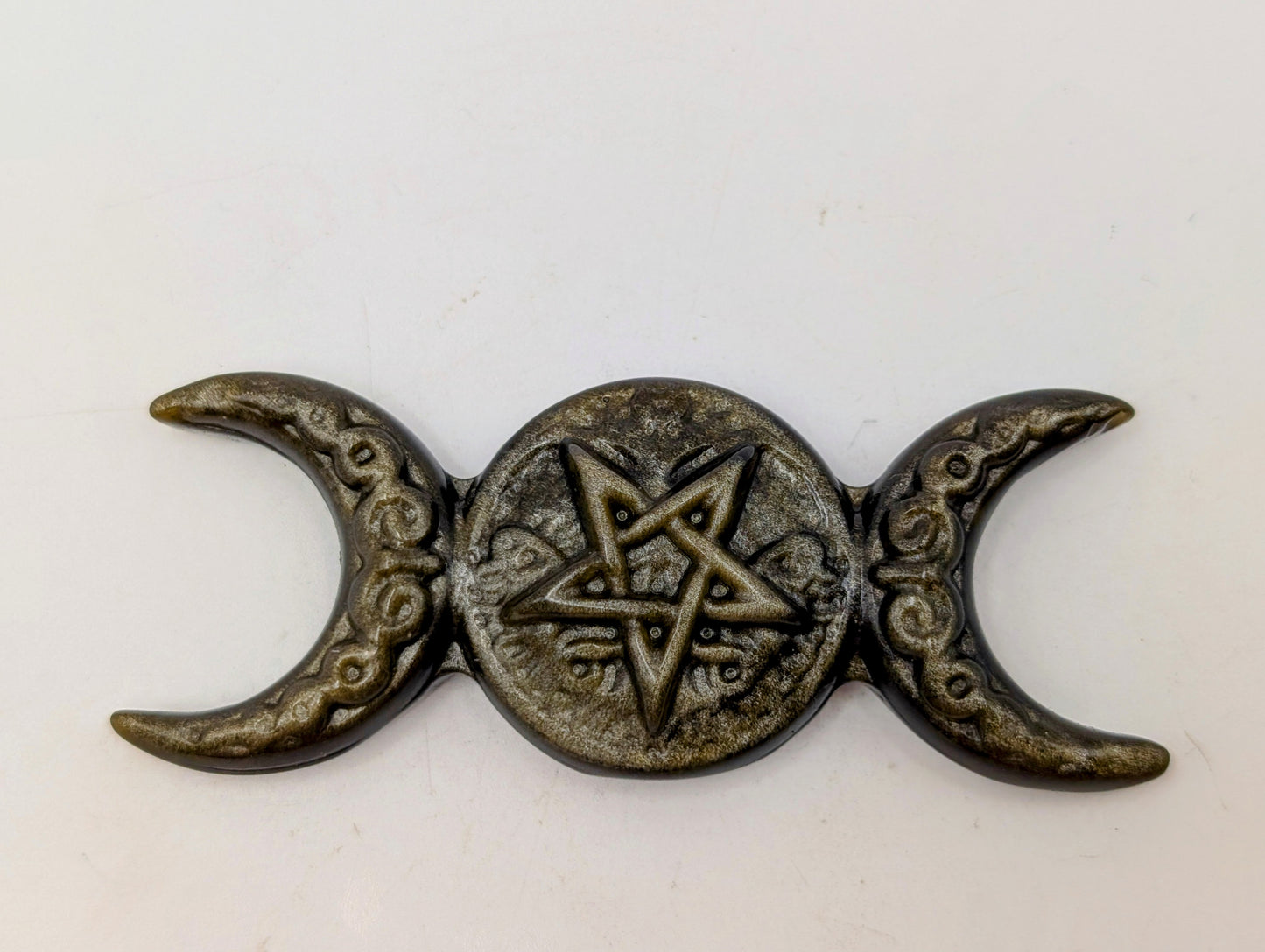 Silver or Golden Sheen Obsidian - Triple Moon with Pentagram Carving