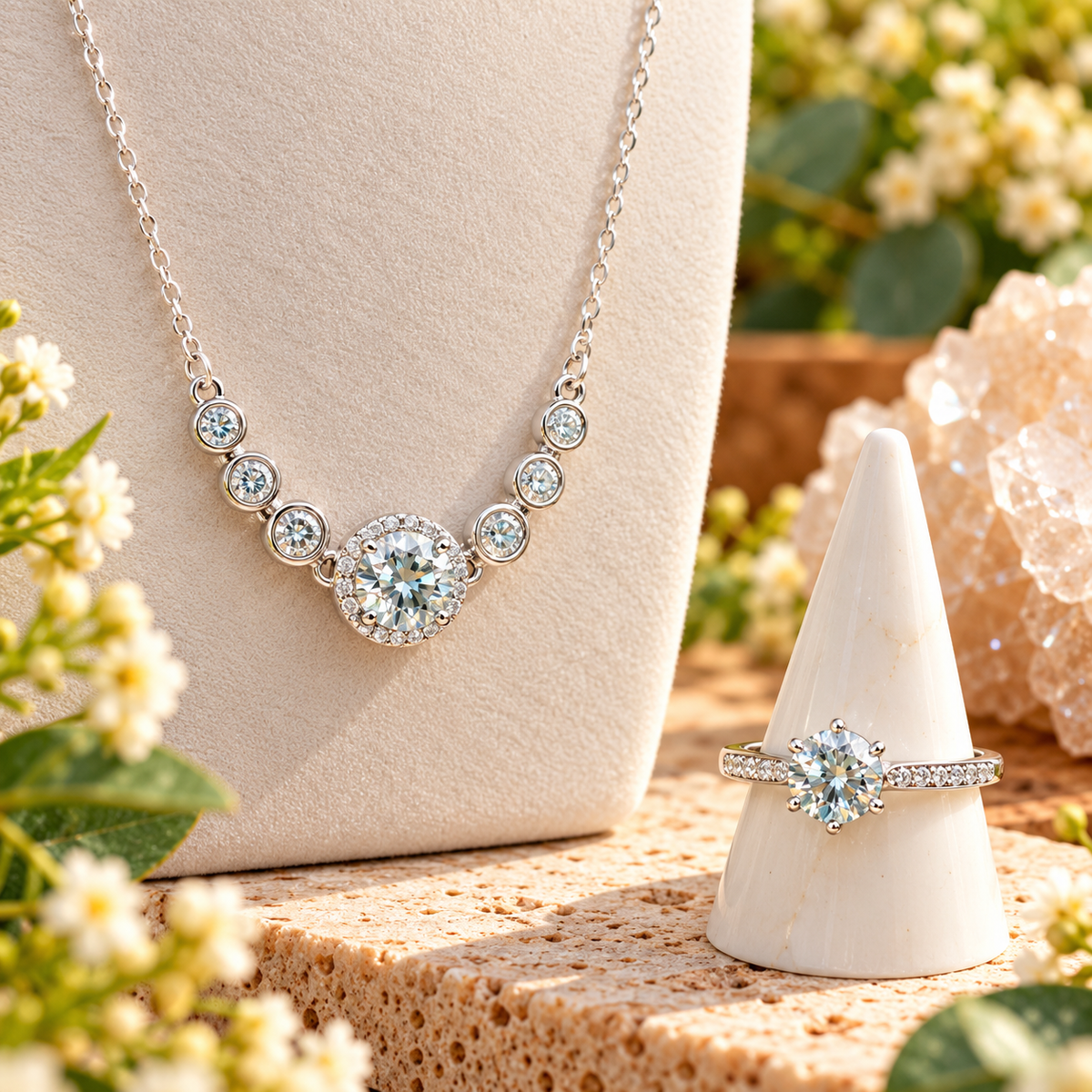Mozambique Diamond sterling silver necklace and adjustable ring matching jewelry set