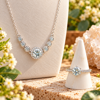 Mozambique Diamond sterling silver necklace and adjustable ring matching jewelry set