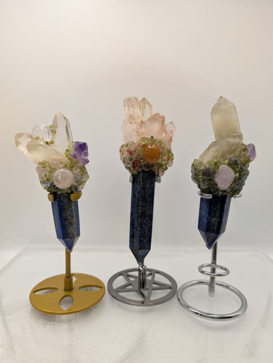 Lapis Lazuli Wands With Quartz Clusters & Adorned With Beautiful Gem Stone Tumbles