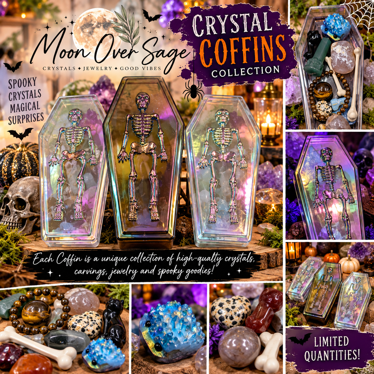 Moon Over Sage Crystal Coffins collection featuring iridescent coffin boxes filled with assorted crystals and carvings