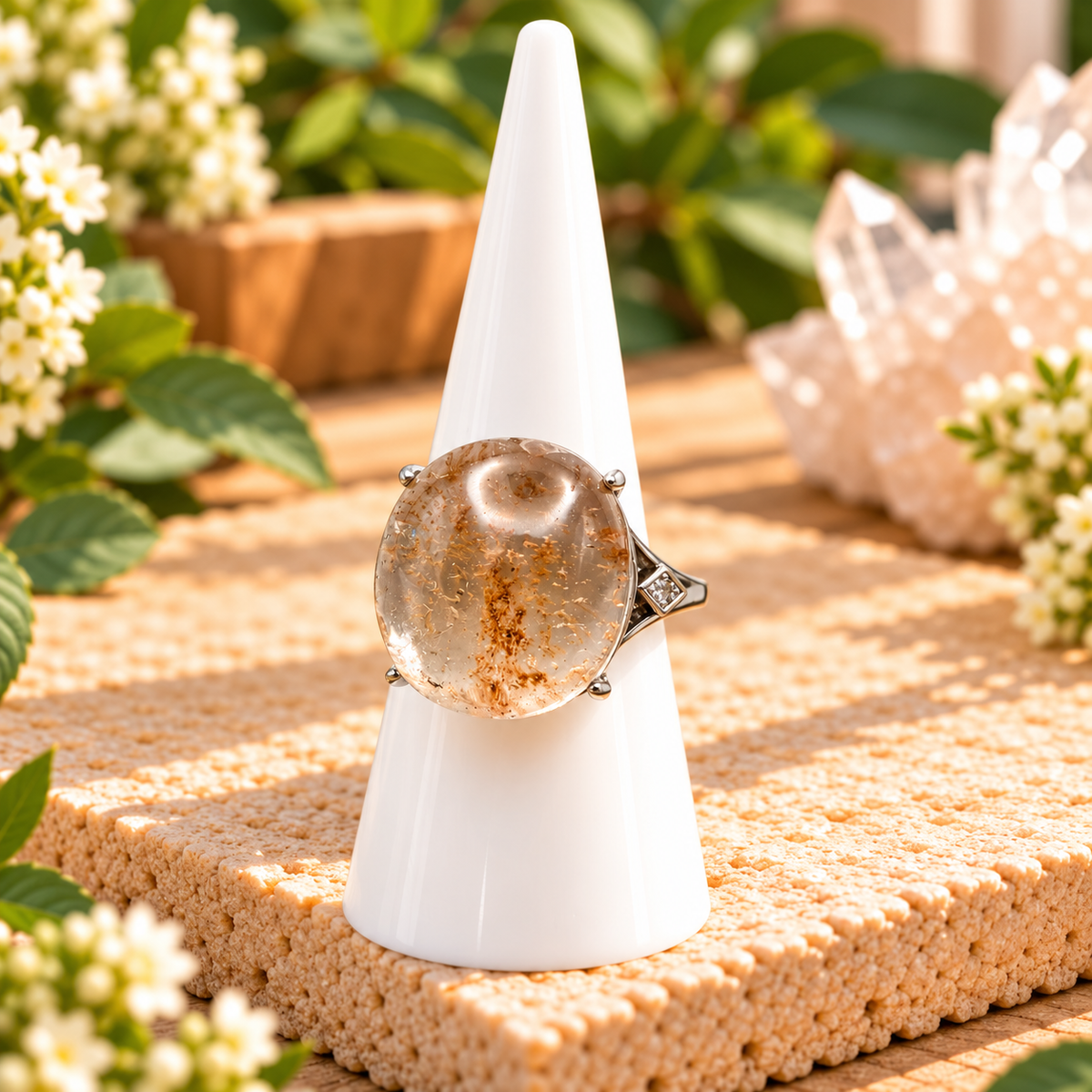 Garden Quartz gemstone adjustable ring with silver-toned copper band