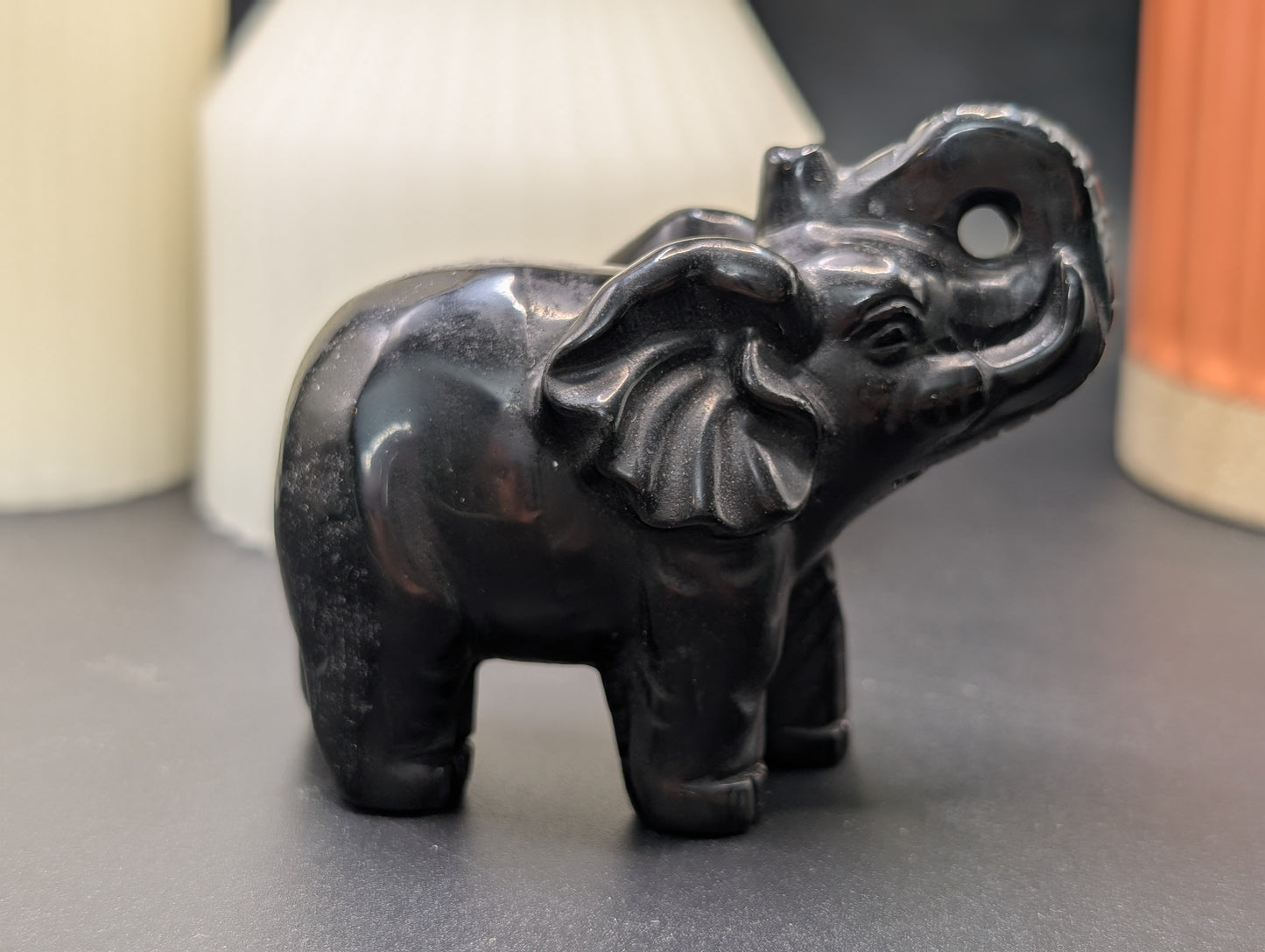 Black Obsidian Elephant Carving - Figurine