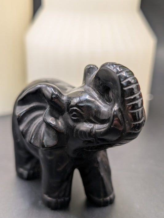 Black Obsidian Elephant Carving - Figurine