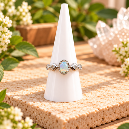 Opalite gemstone adjustable ring with silver-toned copper band