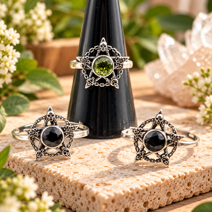 Sterling silver pentagram adjustable rings with faceted Peridot and Black Obsidian center stones