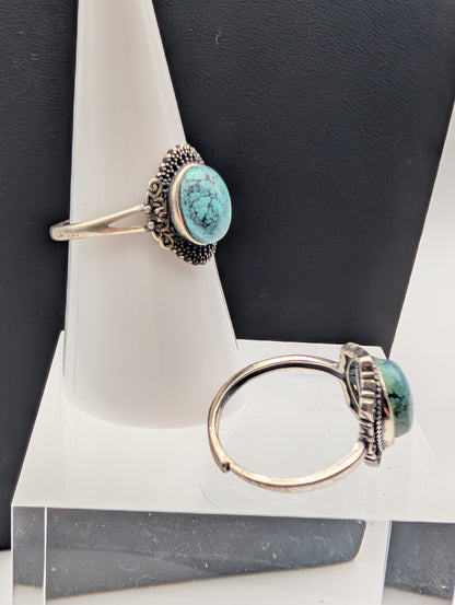 Side view of Turquoise sterling silver adjustable rings showing oval cabochons and open bands