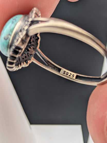 Close-up of 925 sterling silver stamp inside adjustable Turquoise ring band