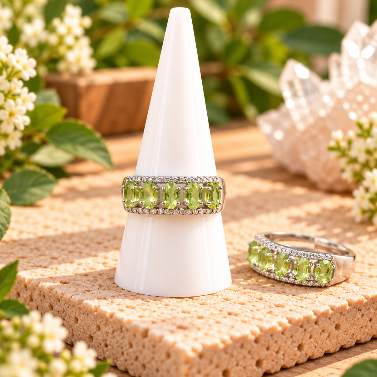 Peridot multi-stone adjustable ring with silver-toned copper band