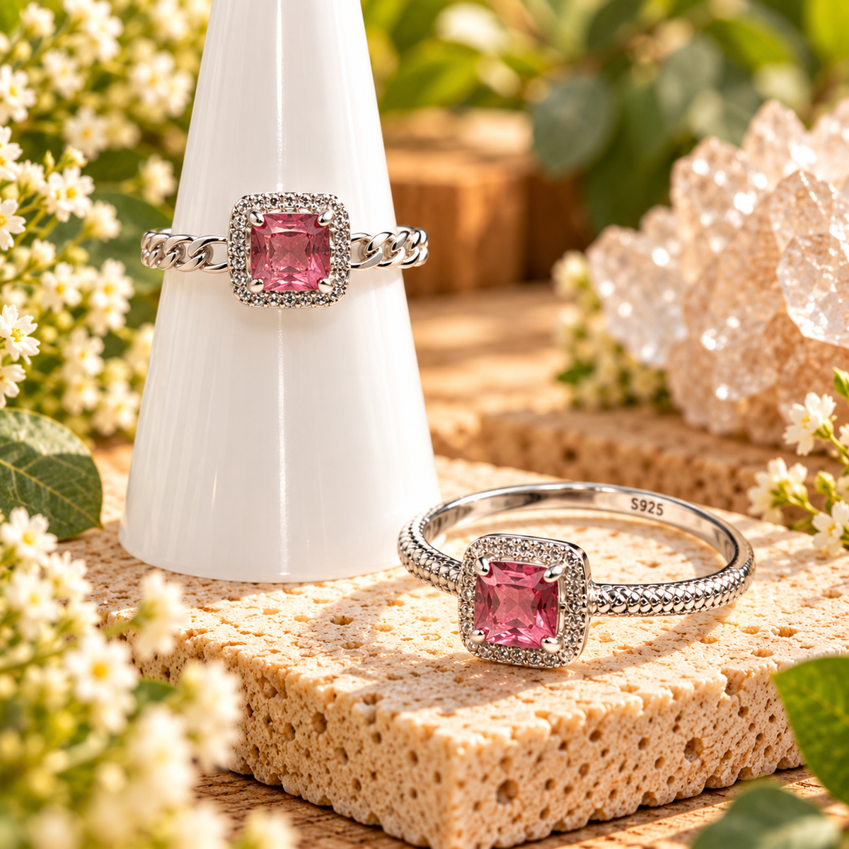 Pink Tourmaline sterling silver adjustable rings with square faceted stones and two decorative band styles