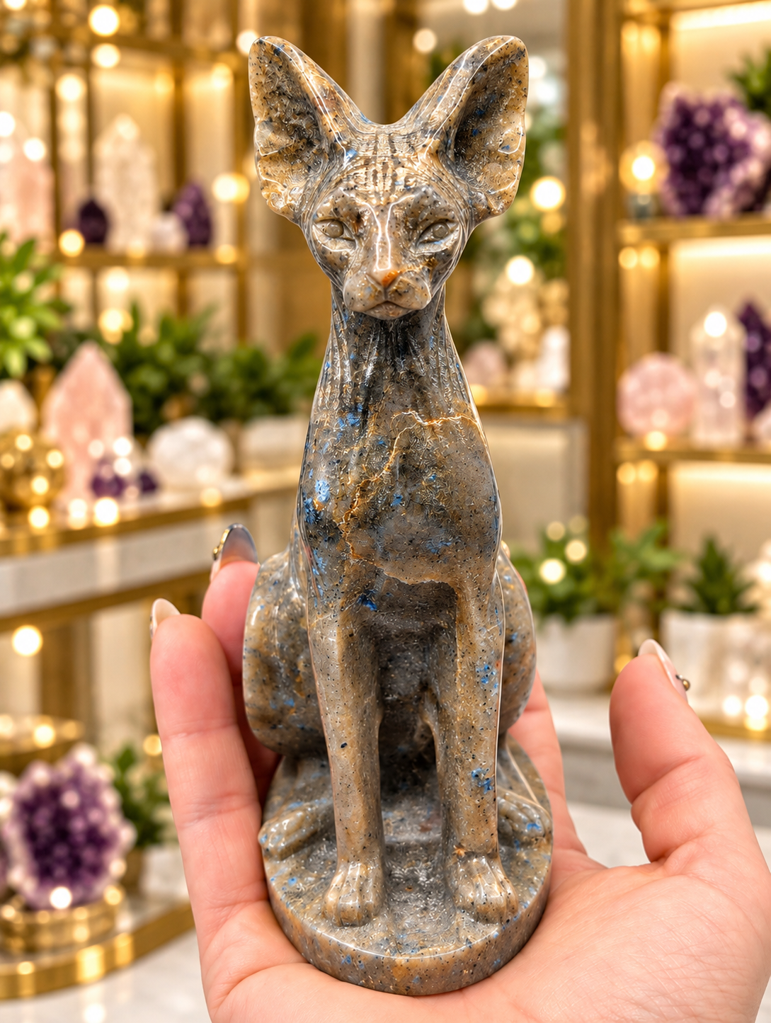 Large K2 Stone Sphynx cat carving held in hand, showing pointed ears, detailed feline features and distinctive blue speckles.