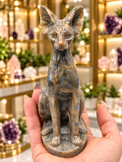 Large K2 Stone Sphynx cat carving held in hand, showing pointed ears, detailed feline features and distinctive blue speckles.