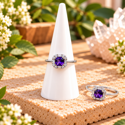Amethyst gemstone adjustable ring with silver-toned copper band
