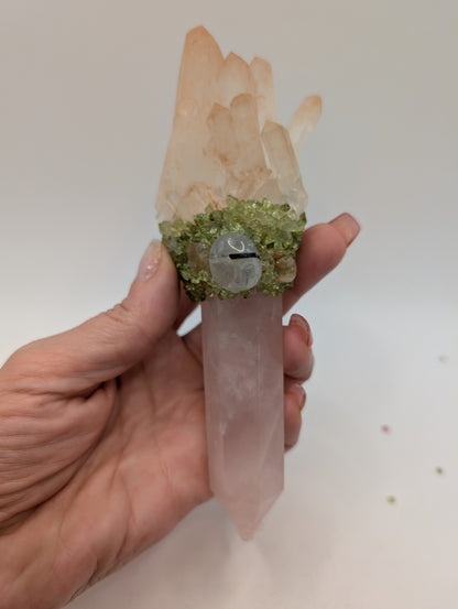 Rose Quartz Wands with Quartz Crystal Points on Top & Adorned with Beautiful Tumbled Stones