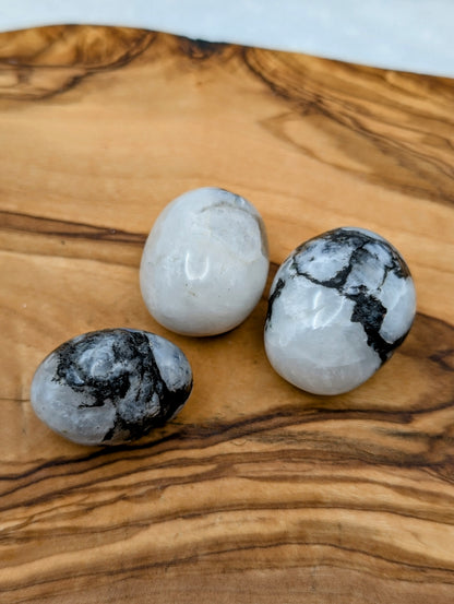 Polished Rainbow Moonstone tumbles with milky white feldspar and natural black mineral inclusions