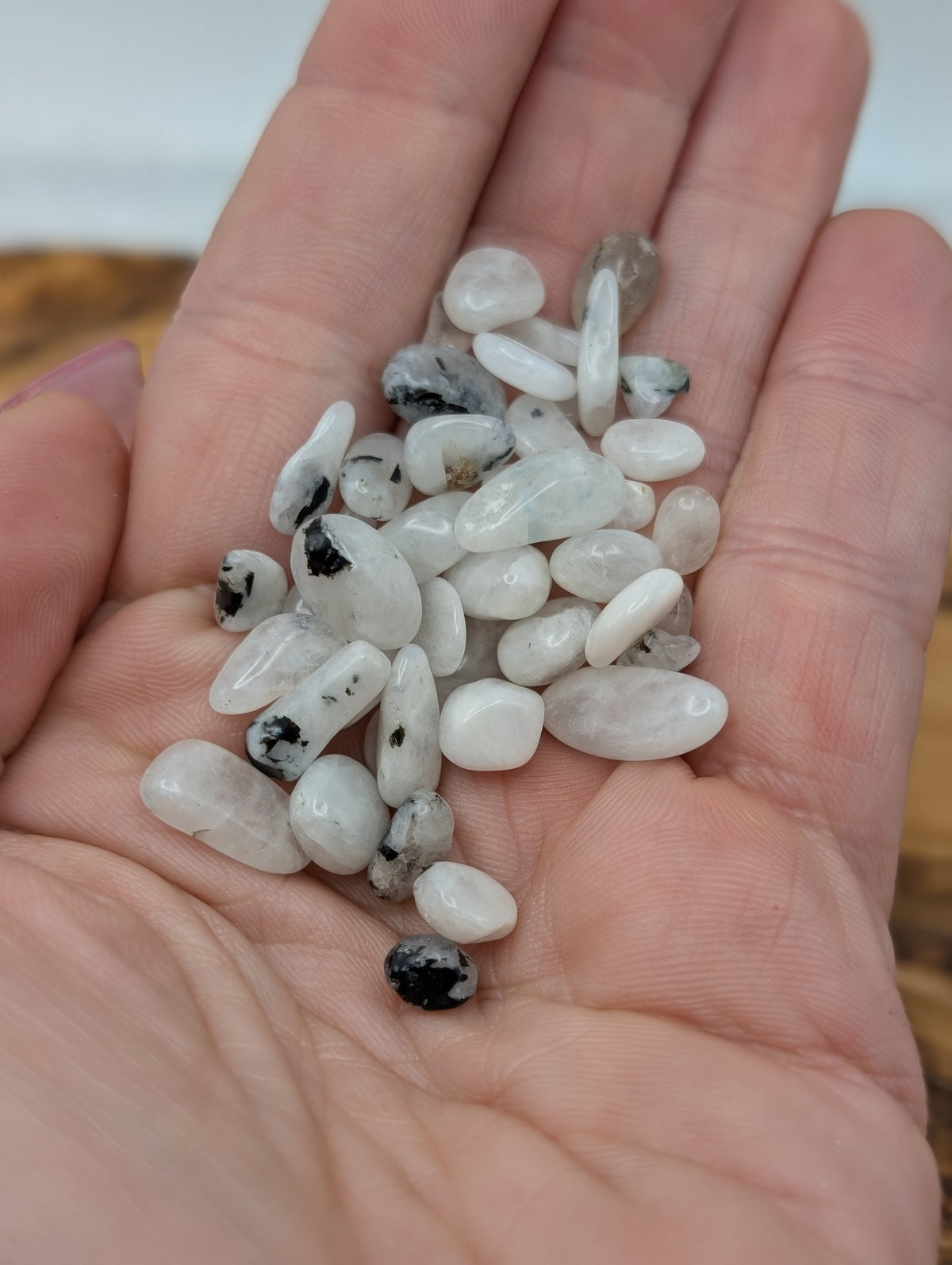 Rainbow Moonstone polished chips with white translucent feldspar and natural black inclusions