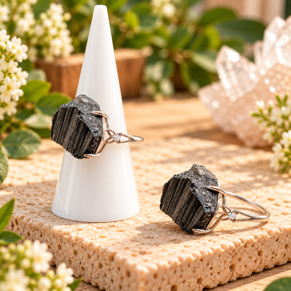Raw Black Tourmaline 925 sterling silver adjustable ring with natural striated crystal