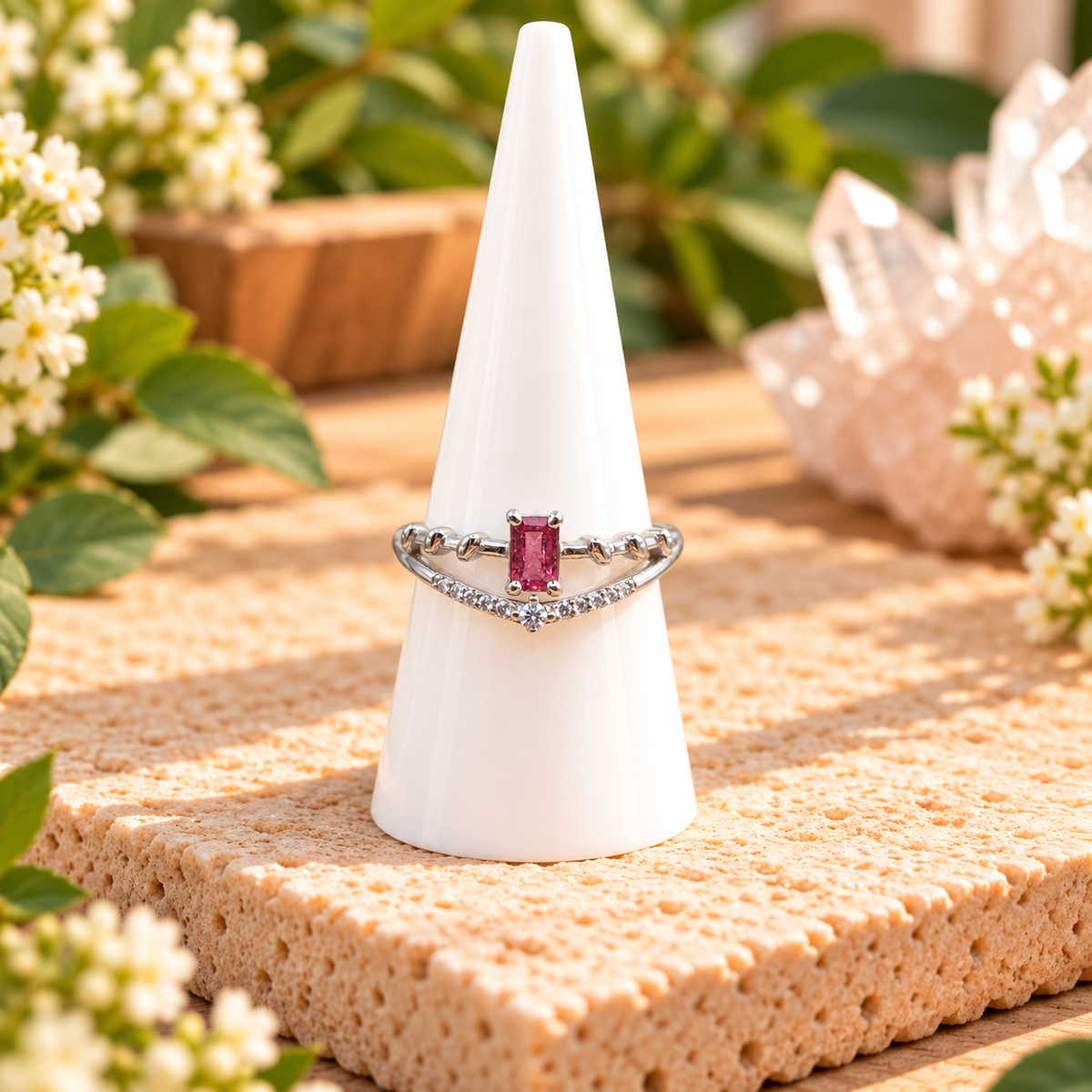 Pink Tourmaline gemstone adjustable ring with silver-toned copper band