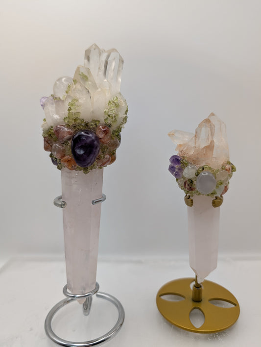 Rose Quartz Wands with Quartz Crystal Points on Top & Adorned with Beautiful Tumbled Stones