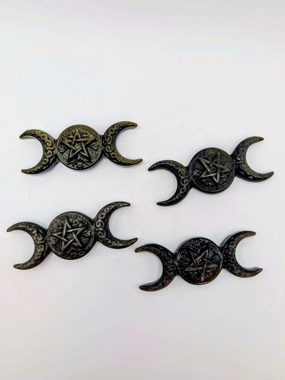 Silver or Golden Sheen Obsidian - Triple Moon with Pentagram Carving