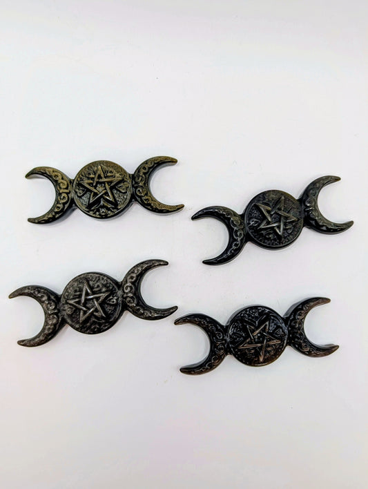 Silver or Golden Sheen Obsidian - Triple Moon with Pentagram Carving