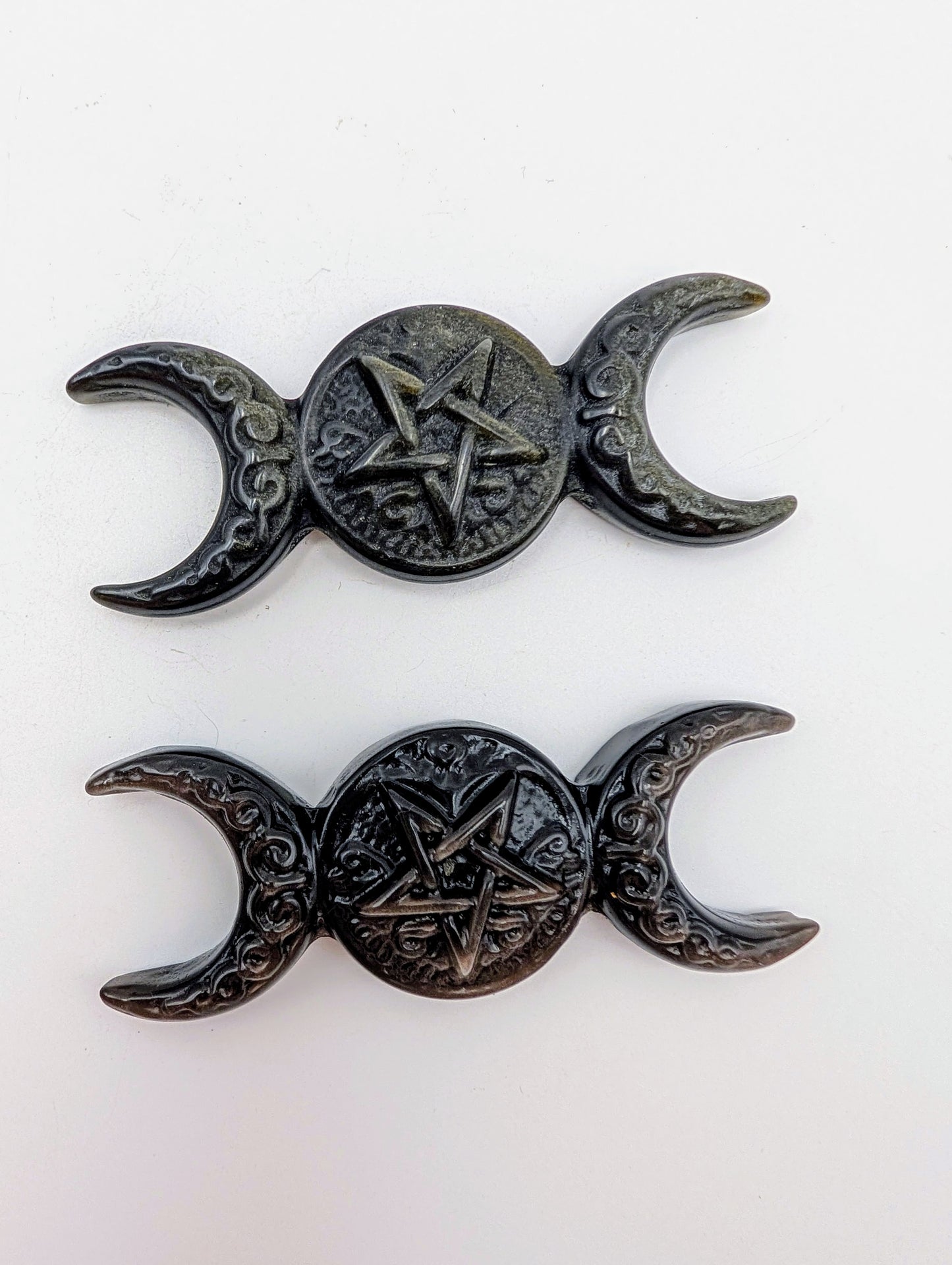 Silver or Golden Sheen Obsidian - Triple Moon with Pentagram Carving