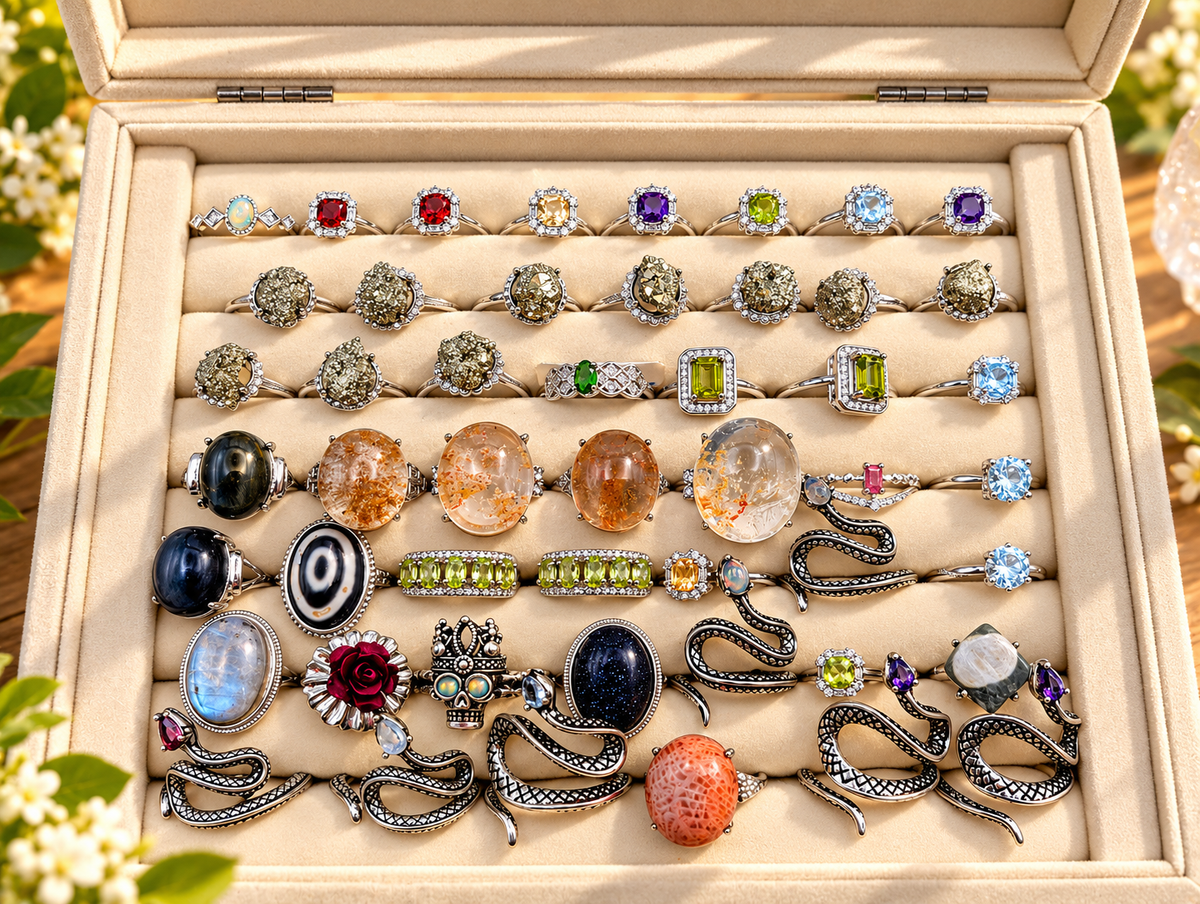 SemiPrecious Gemstone Rings In Display Tray